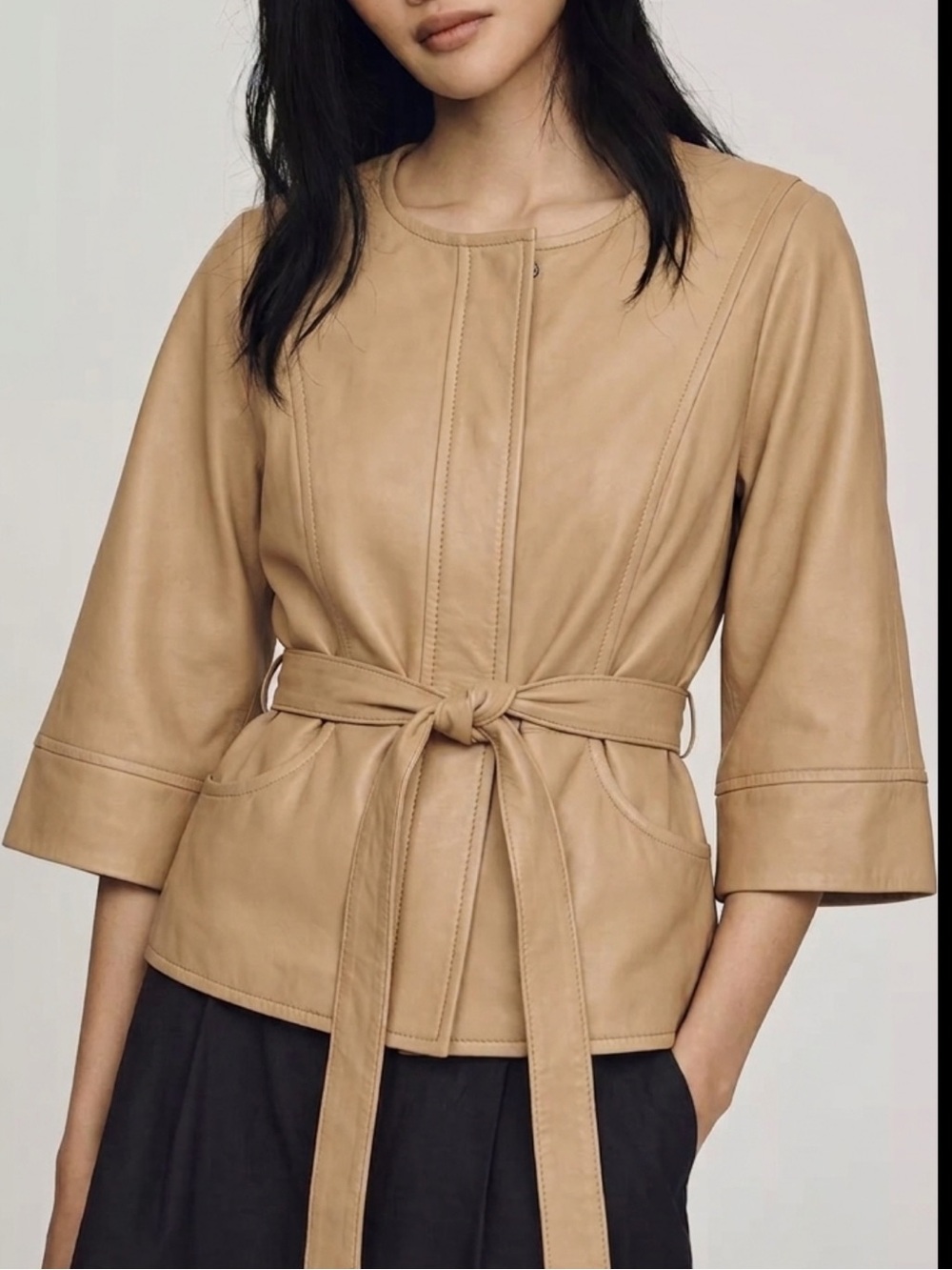 Nordstrom Collection Leather Belted Jacket Womens Size Small 3/4 Bell Sleeve